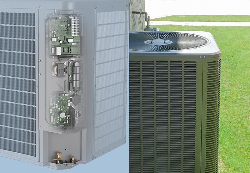 A side-by-side comparison displaying both the interior components and exterior look of a central air conditioning condenser or heat pump unit.