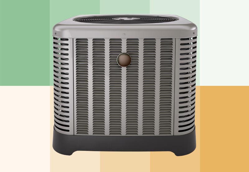 A front-facing studio shot of an outdoor central air conditioning condenser or heat pump unit.